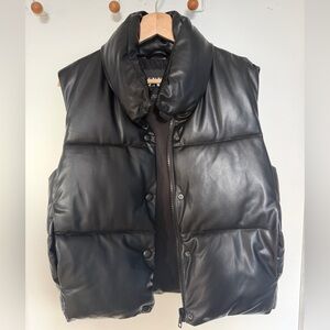 Zara black faux-leather puffy vest with pockets and button up detail